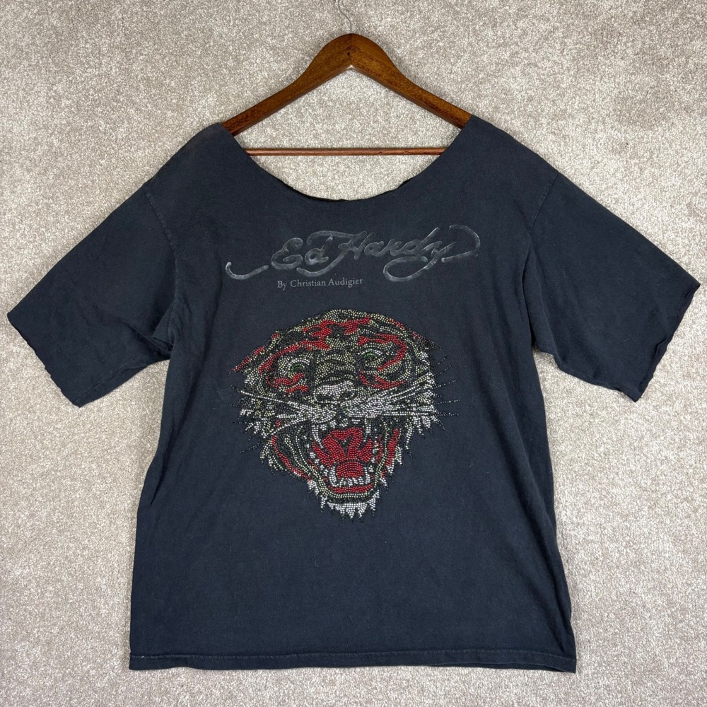 Ed Hardy Christian Audigier Rhinestone Tiger T-Shirt DIY Neck Black Y2K